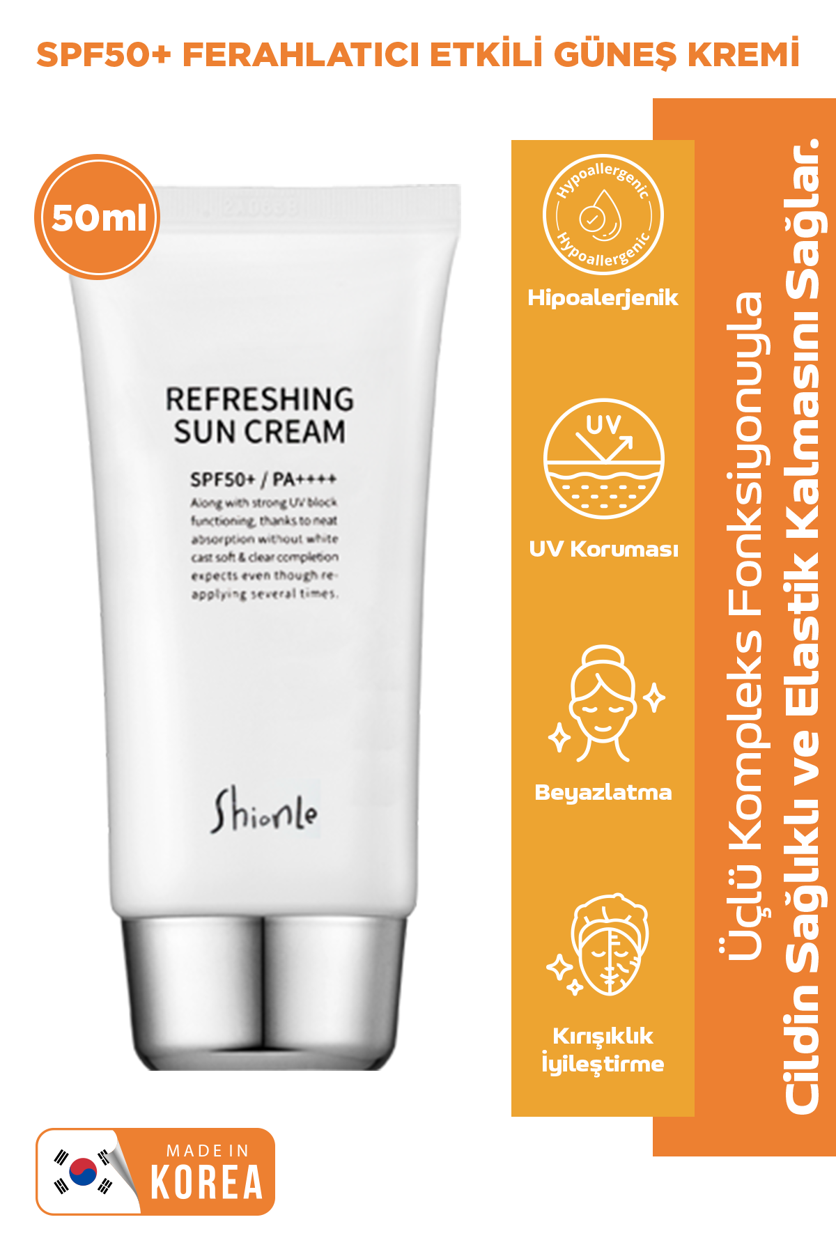 Ferahlatıcı Etkili SPF50+ PA++++ Güneş Kremi | Su Bazlı, Yağsız, Yüksek Koruma / Serinletici Güneş Koruyucusu 50ml
