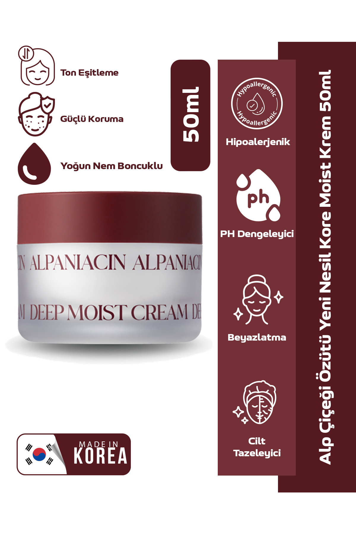 Leke Karşıtı, Cilt Tonu Eşitleyici, Yoğun Nem Boncuklu Alp Çiçeği Özütü Yeni Nesil Kore Moist Krem 50ml