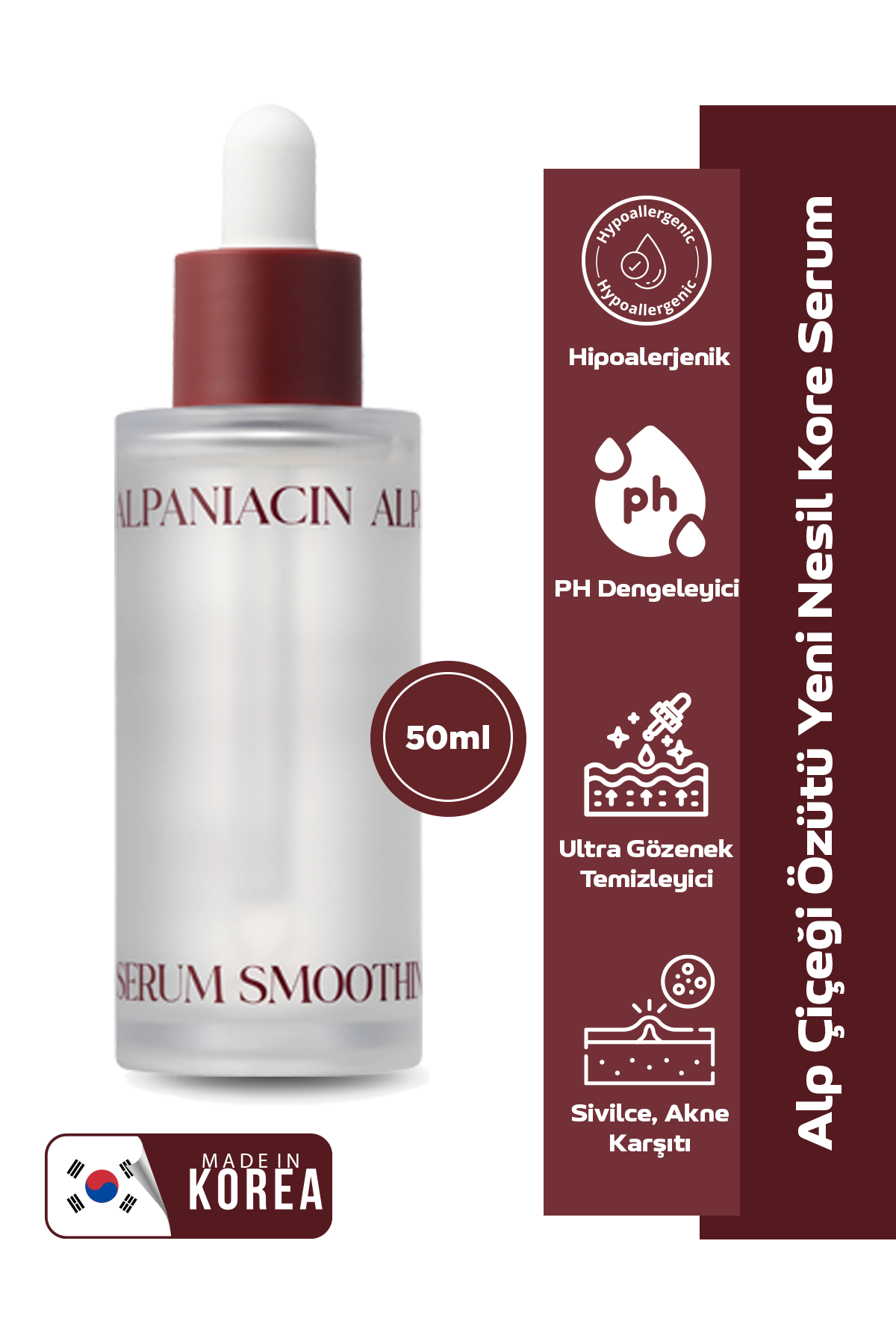  Sivilce ve Akne Karşıtı, Yatıştırıcı ve Gözenek Temizleyici Alp Çiçeği Özütü Yeni Nesil Kore Serum 50ml